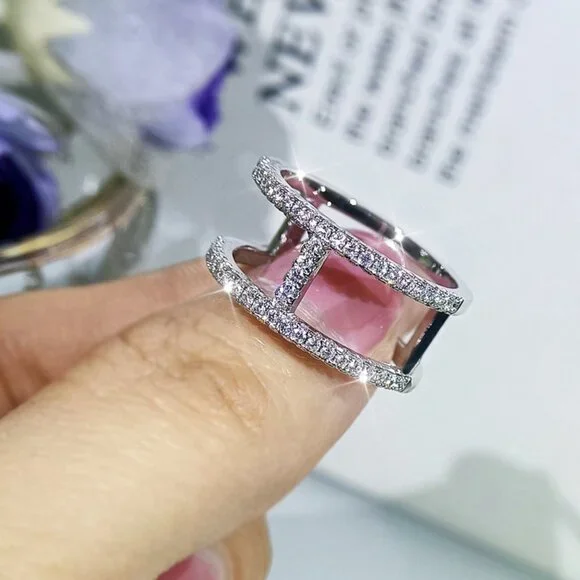 🌸Trendy CZ Glitter Micro Pave Silver Double Layer Hollow Fashion Ring,UNVN12223 - Picture 5 of 6